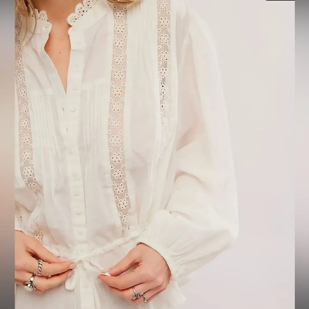 Free People Best of Me Blouse White Button Up Ruffle Lace
